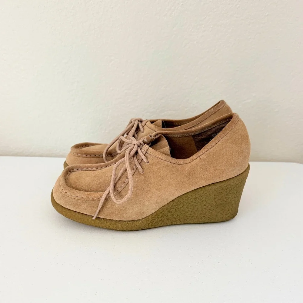 VTG Vintage 80s Candies Leather Suede Rubber Platform Wedges Tan Size 9 Y2K
